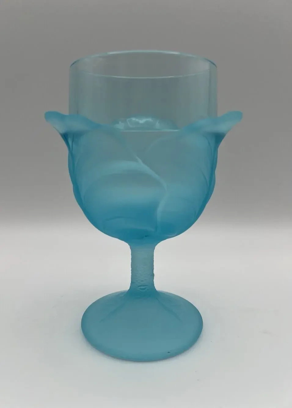 LG Wright Blue Satin Glass Cabbage Leaf Water Goblet Wine Glass 6.25” Vintage